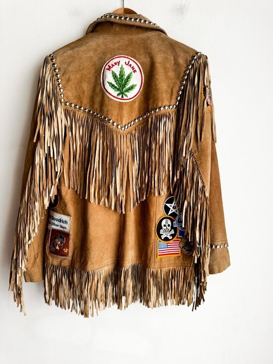 Vintage Light Beige Fringe Suede Jacket with Patches S - Picture 12 of 16